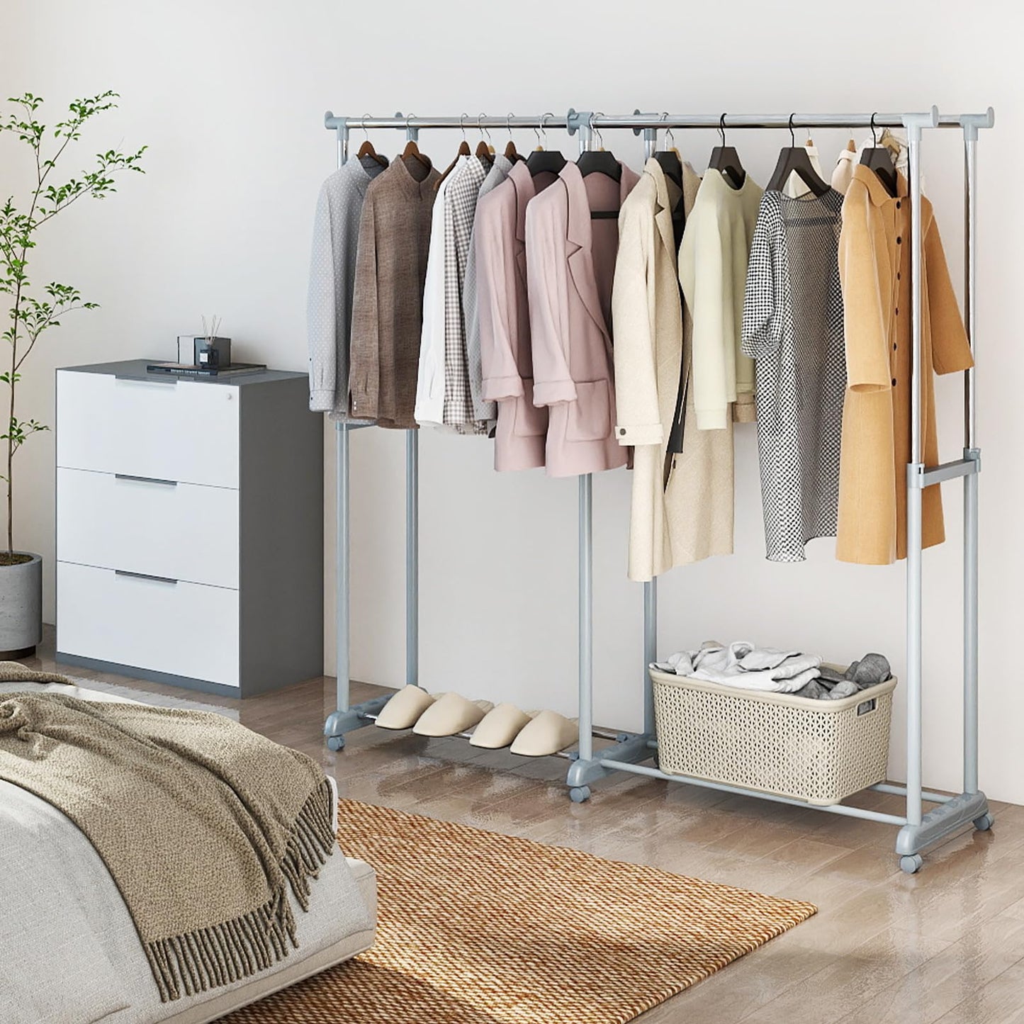 Tangkula Extendable Double Rods Garment Rack for Bedroom & Laundry