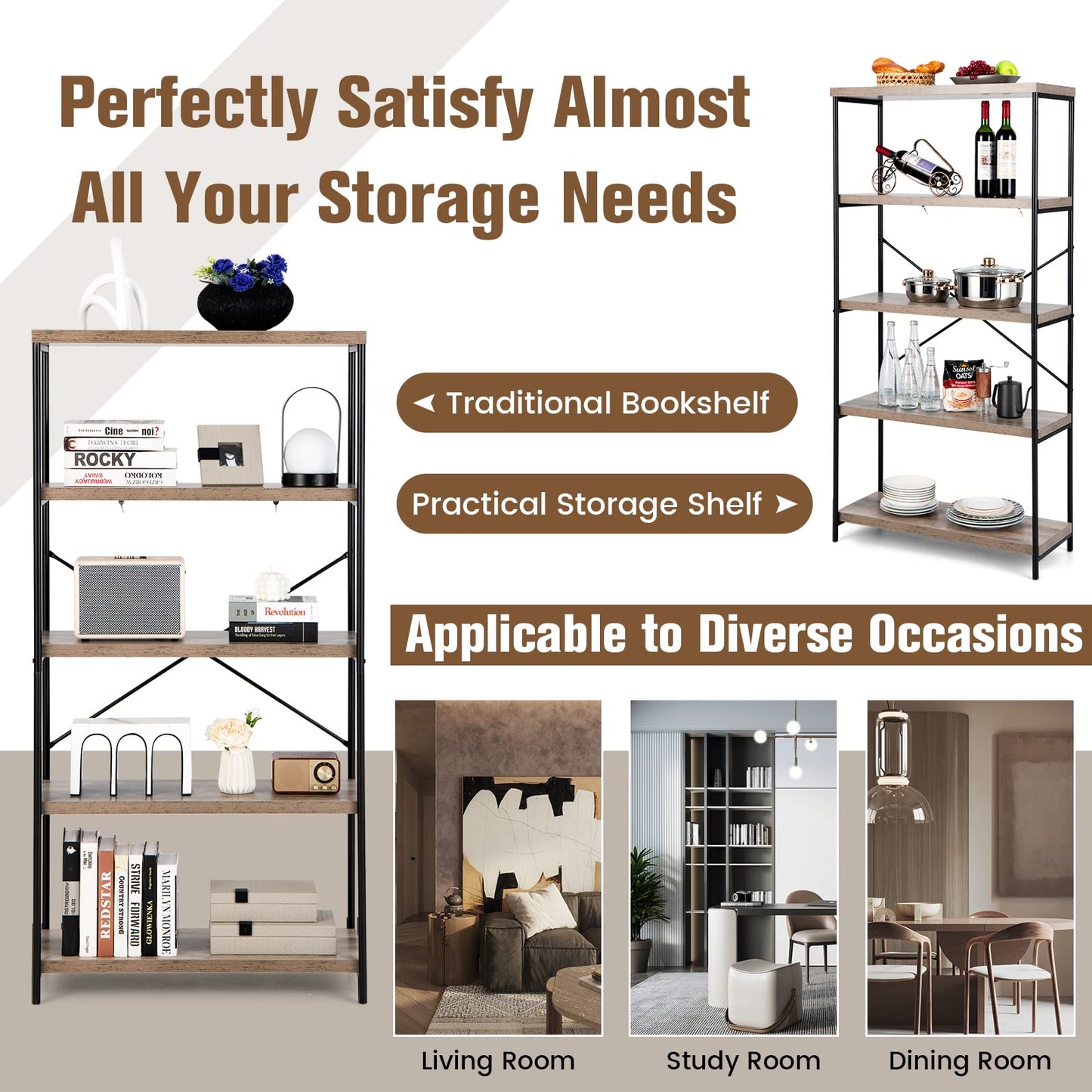 Tangkula 5 Tier Bookcase for Living Room