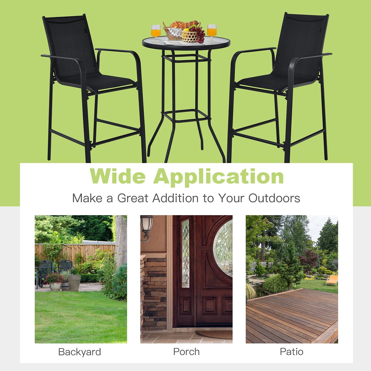 3 Pieces Outdoor Patio Bar Set, Outdoor Bistro Set with 2 Bar Stools and 1 Tempered Glass Bar Table