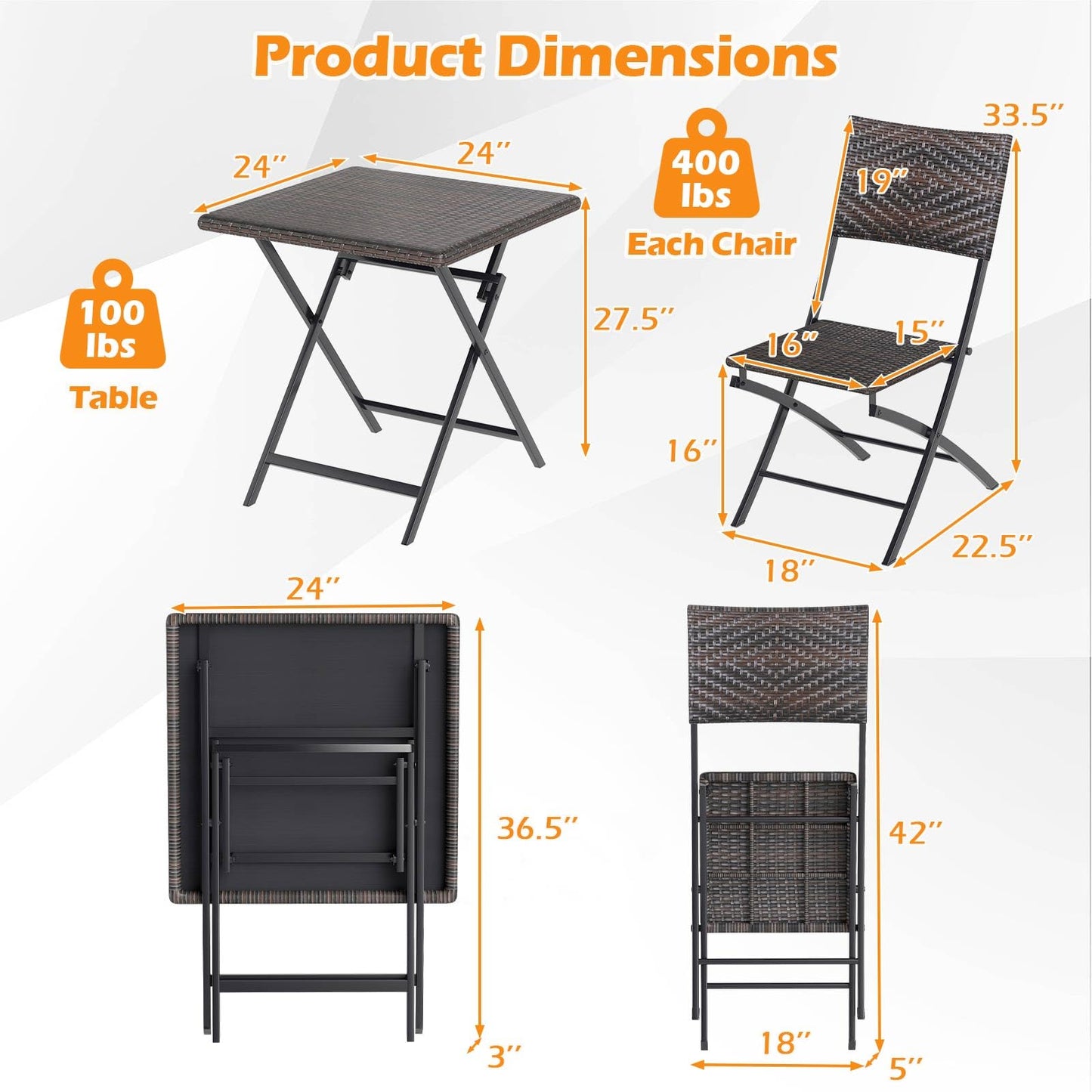 Tangkula 3 Piece Outdoor Folding Bistro Set