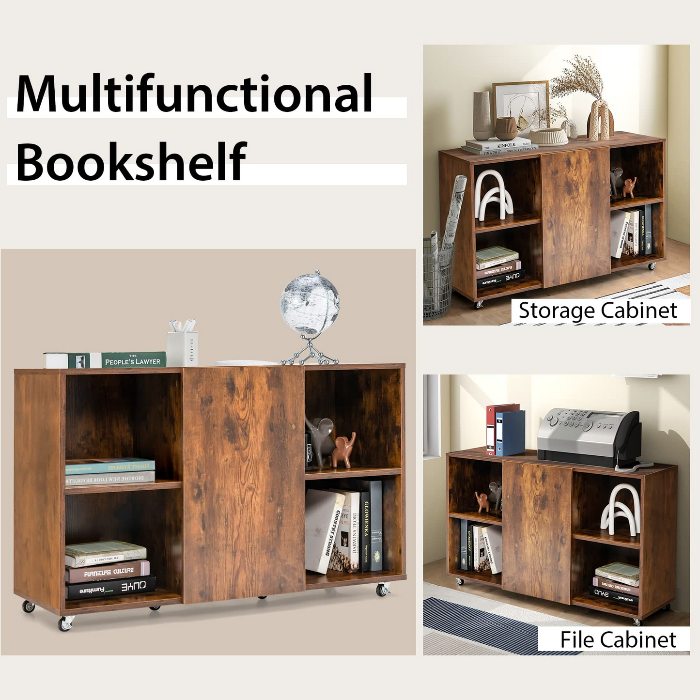Tangkula Wood File Cabinet with Wheels, Mobile Storage Cabinet with 6 Compartments