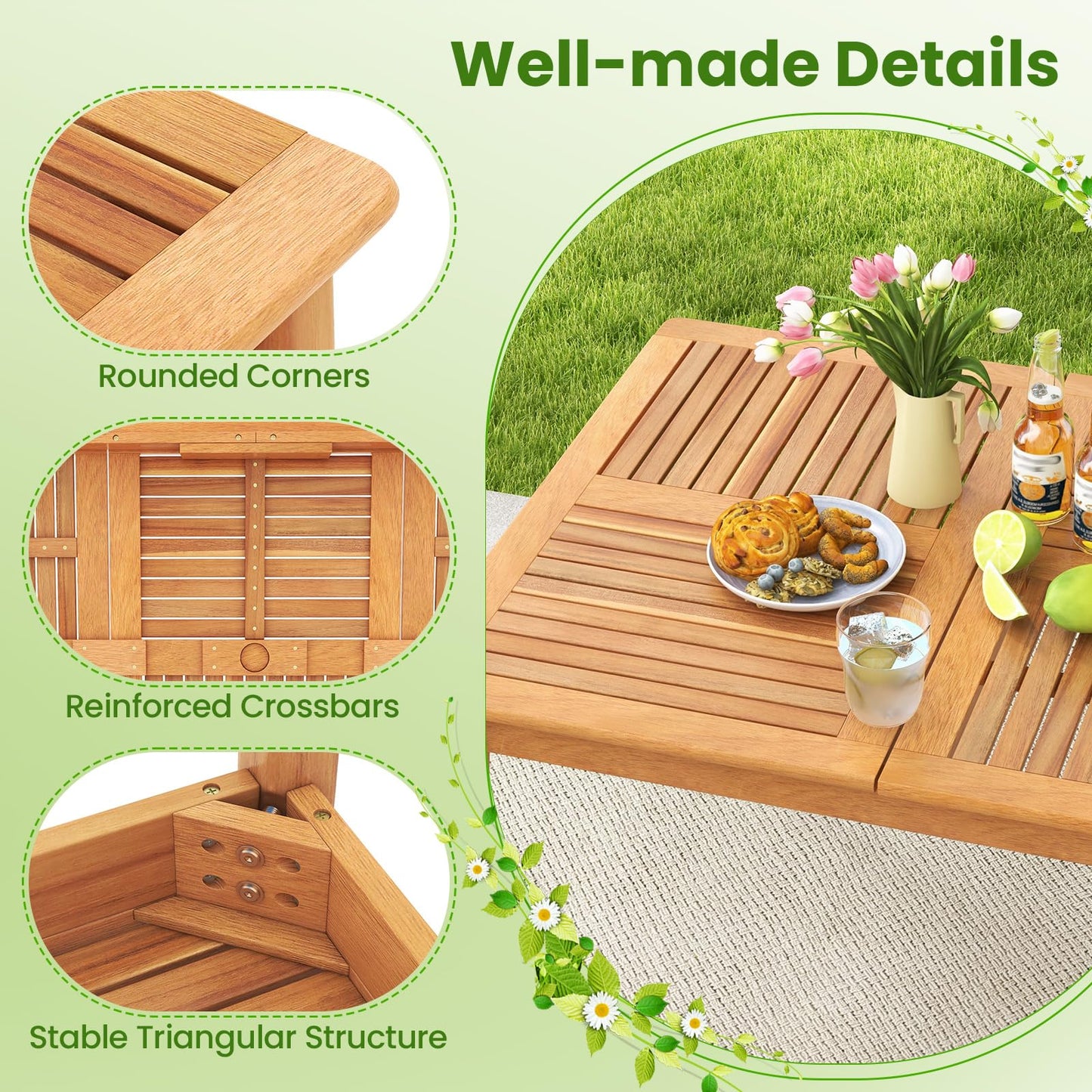 Tangkula Ensemble de 7 pièces de salle à manger d'extérieur en bois avec trou pour parasol