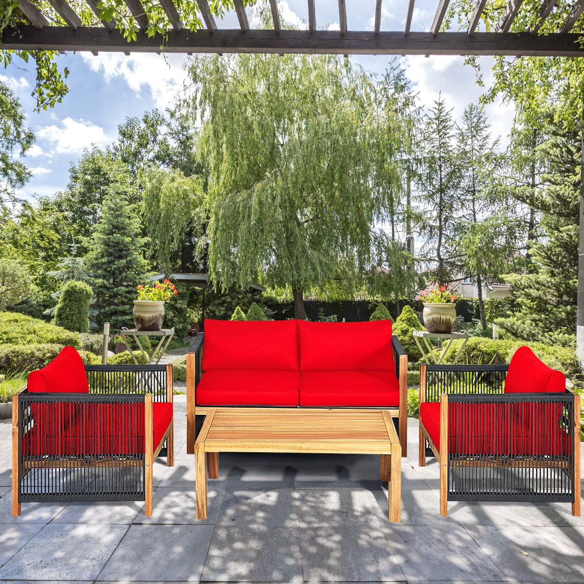 Outdoor Wood Furniture Set, Acacia Wood Frame Loveseat Sofa, 2 Single Chairs and Coffee Table