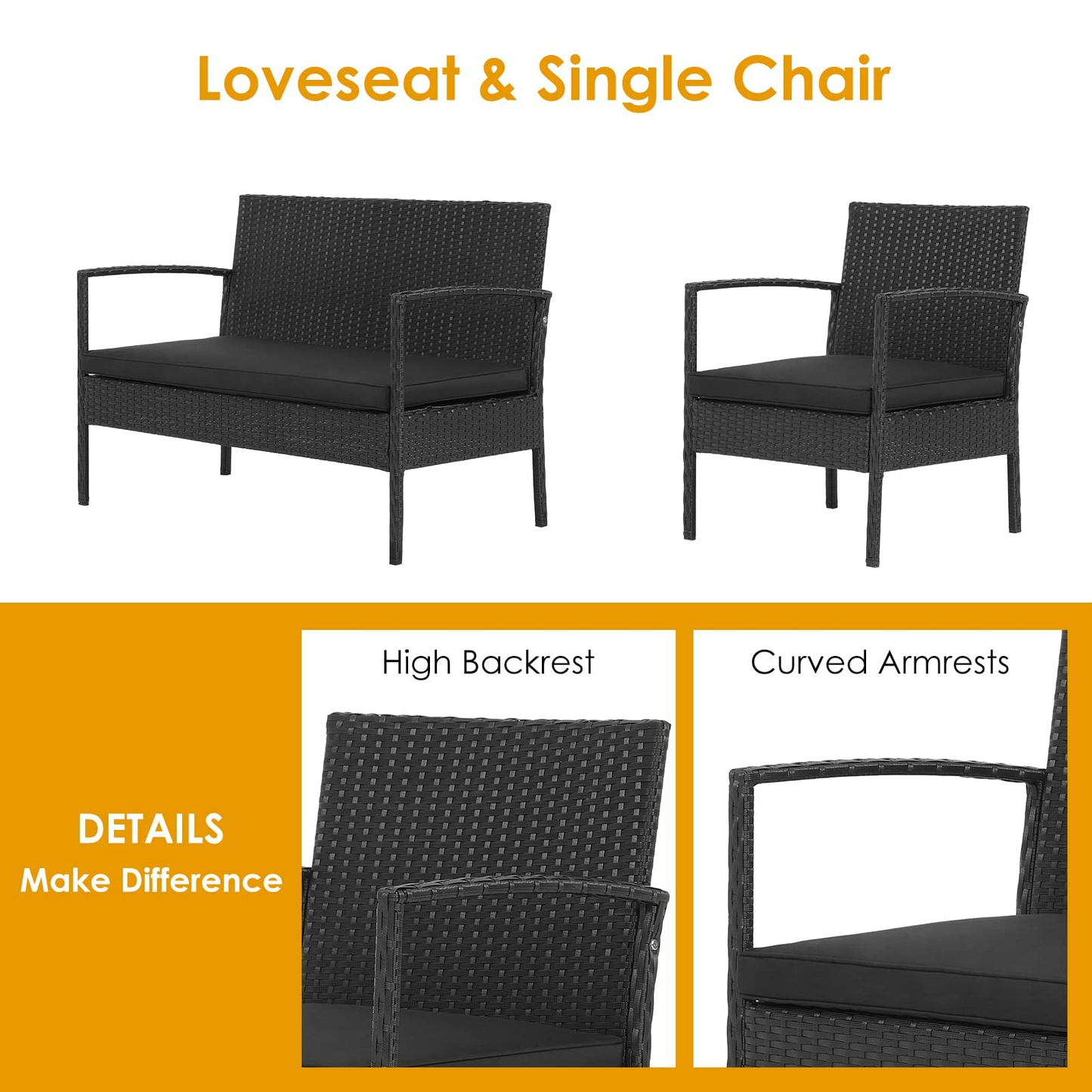 Tangkula 4 Piece Patio Rattan Conversation Set, Outdoor Wicker Sofa Furniture, Outside Sectional for Poolside, Deck, Garden