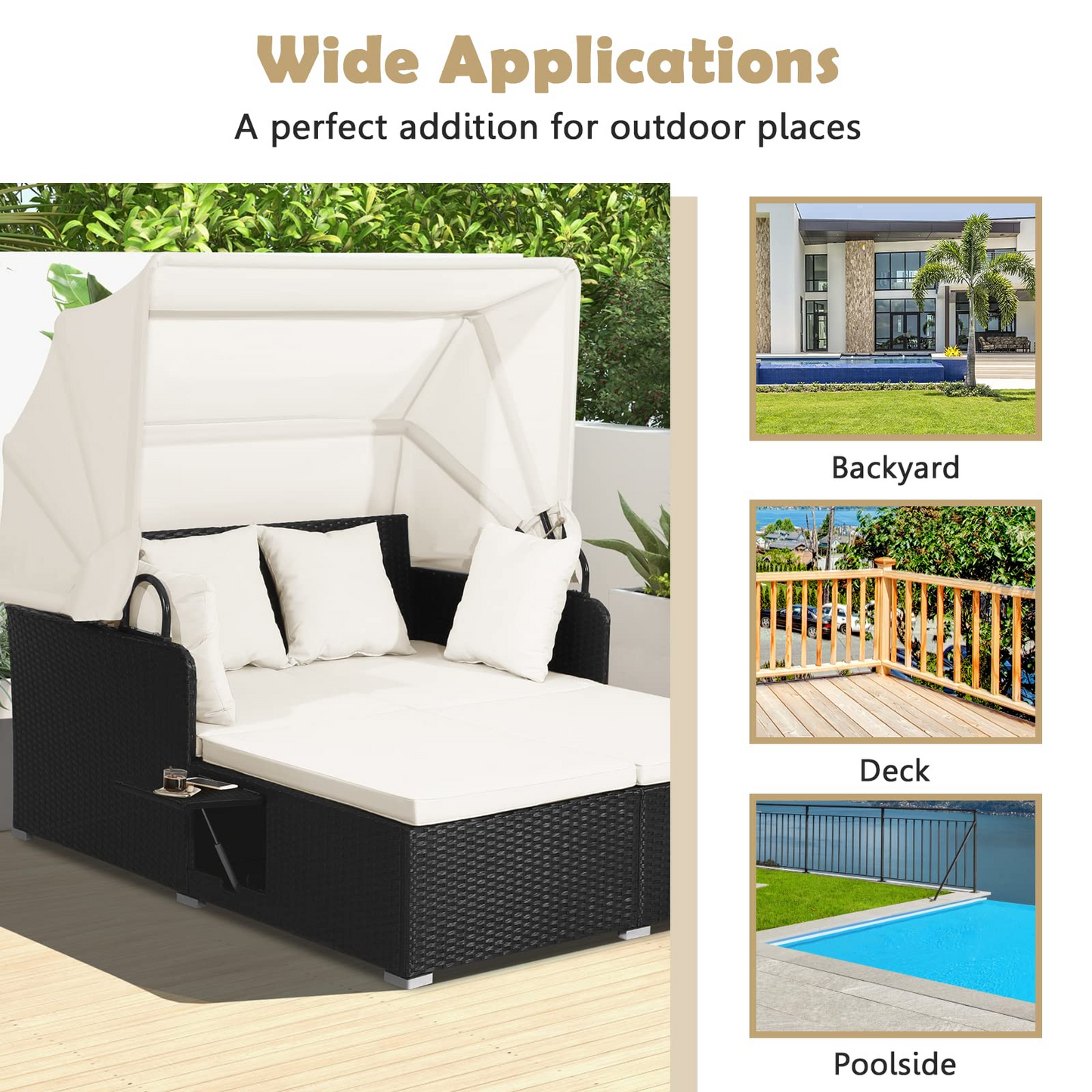 Tangkula Patio Rattan Daybed, Patiojoy Wicker Daybed Loungerw/Retractable Canopy, 2 Foldable Side Panels