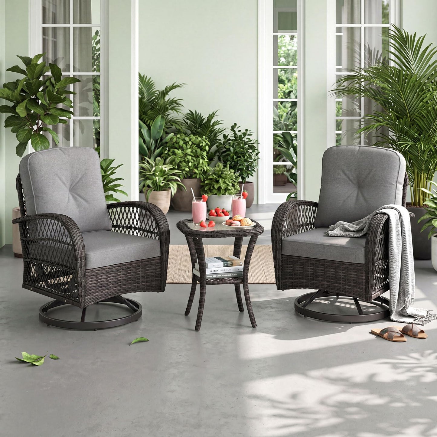 Tangkula 3 Piece Patio Swivel Rocker Set 2 Outdoor Wicker Rocking Chairs