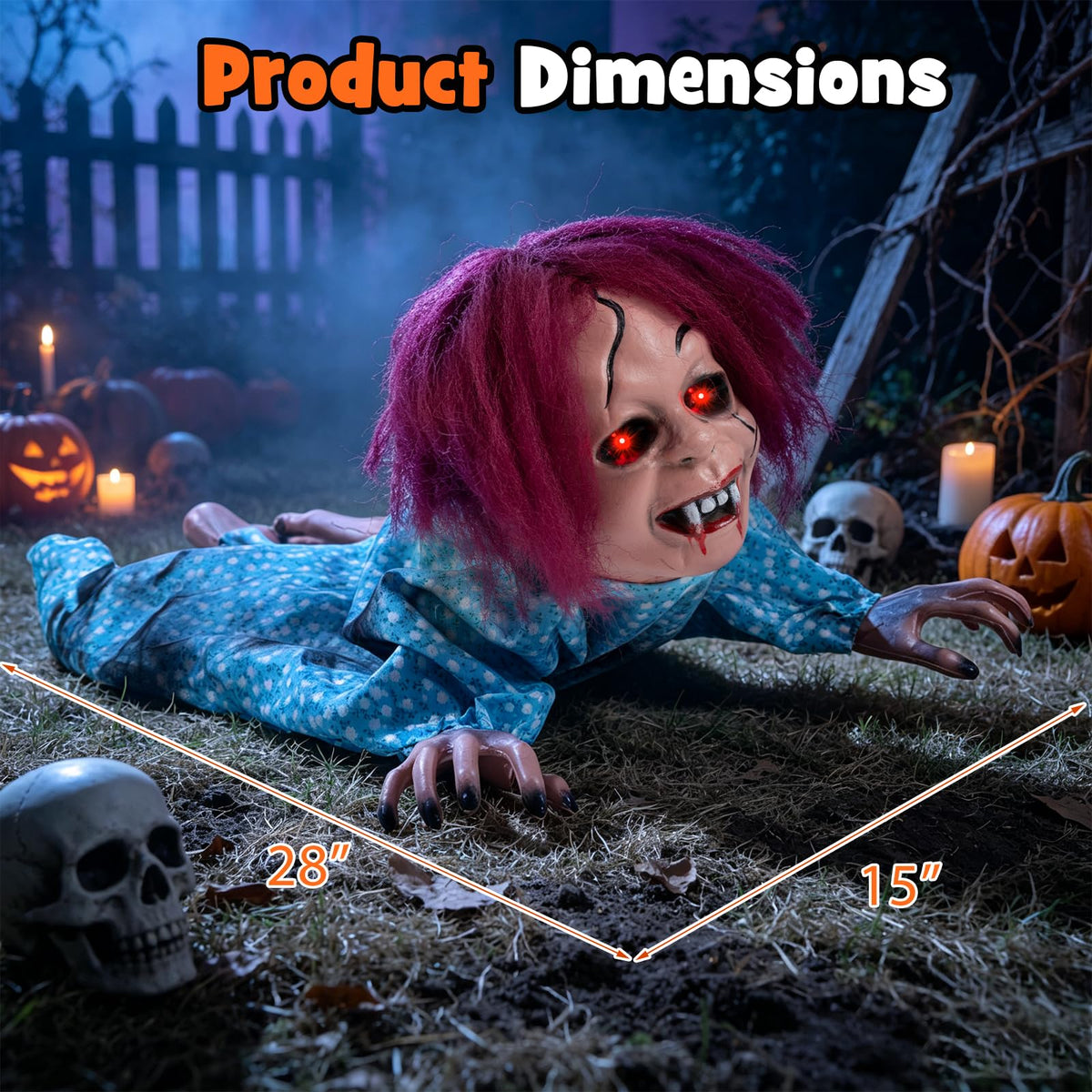 Tangkula 28" Halloween Animated Crawling Baby Doll with Glowing Eyes