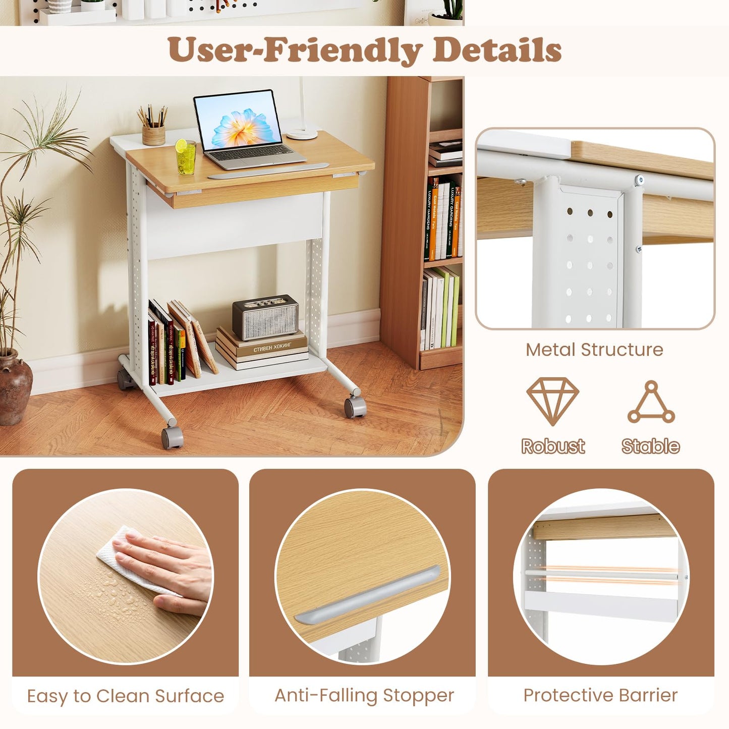 Tangkula Rolling Computer Desk Cart with Tilting Tabletop for Living Room Bedroom