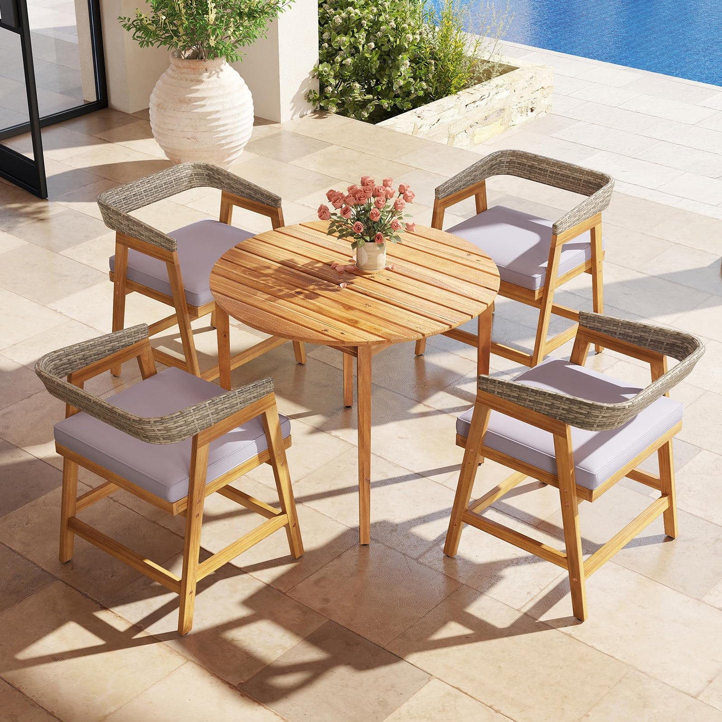 Tangkula Outdoor Acacia Wood Patio Wicker Dining Chairs Set of 4 with Seat Cushion