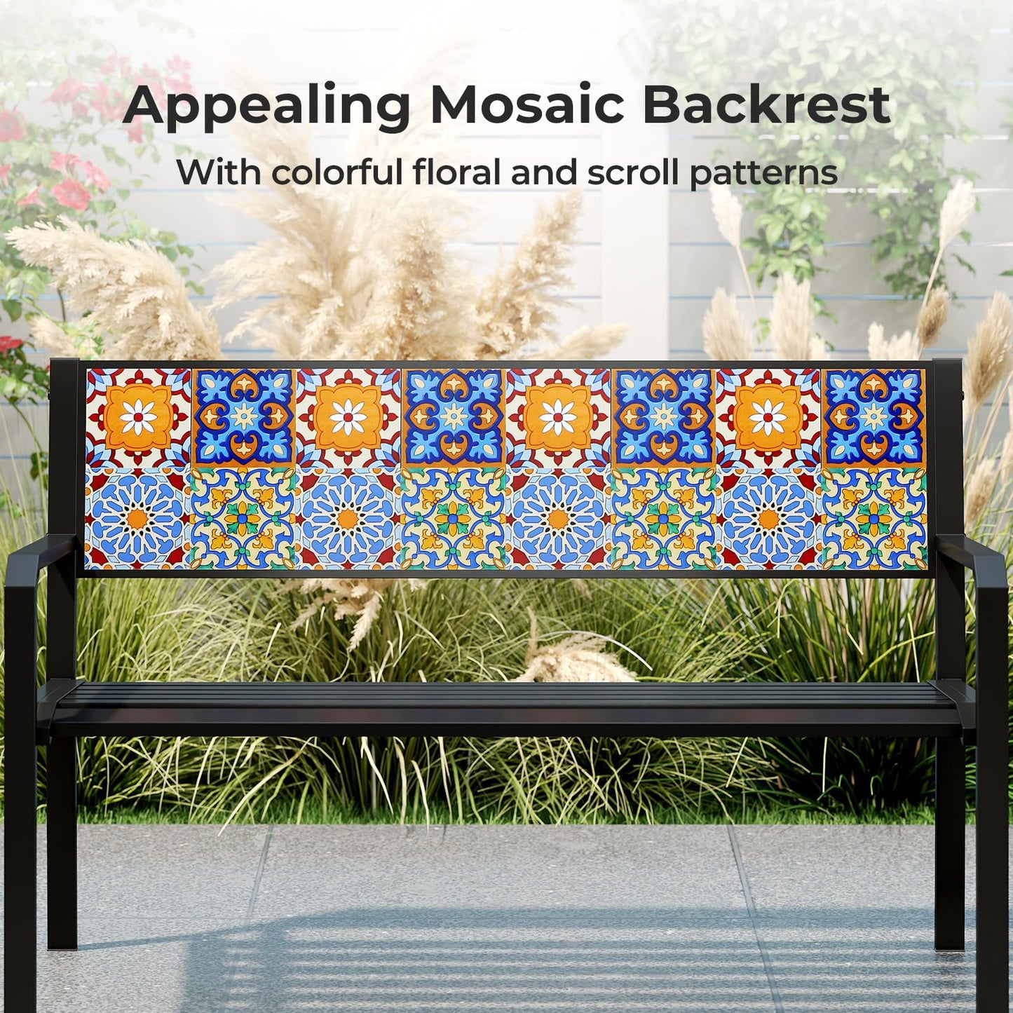 Tangkula 50 Inch Patio Metal Bench Slatted Loveseat for 2-3 People with Mosaic Backrest