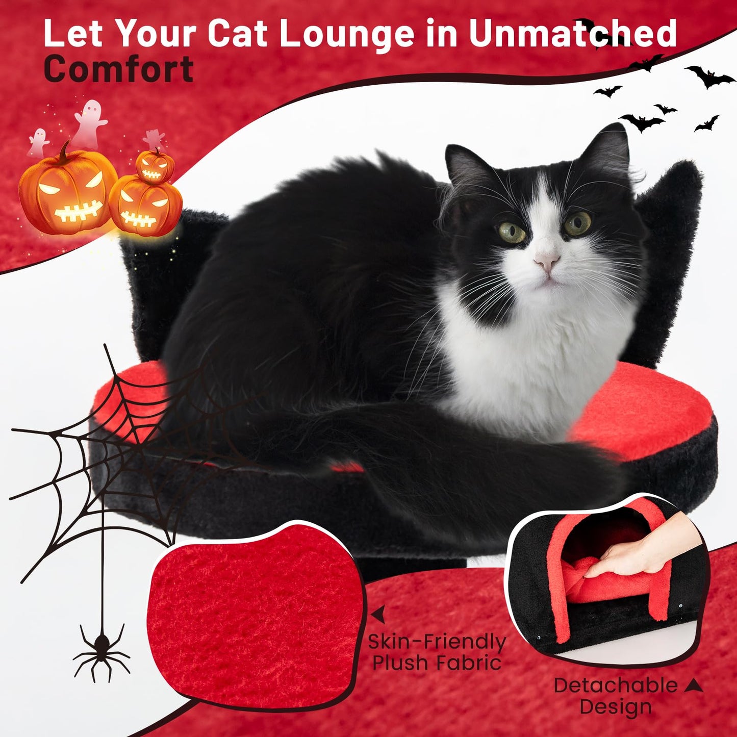 Tangkula Gothic Cat Tree, 53 Inch Black Cat Tower with Coffin Cat Bed, Spider Pompom & Spring Balls