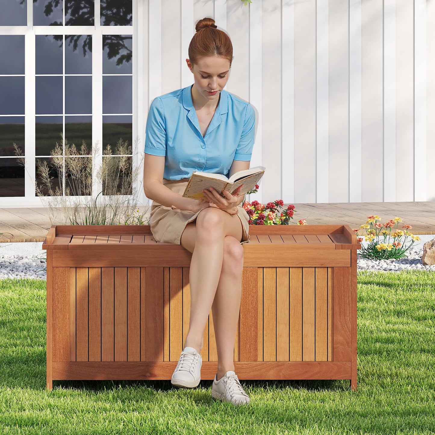 Tangkula 58 Gallon Wood Deck Box for Garden