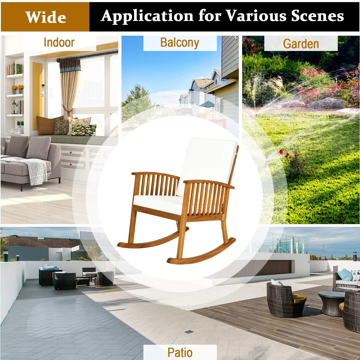 Tangkula Outdoor Acacia Wood Rocking Chair, Wooden Rocker w/Detachable Washable Cushions