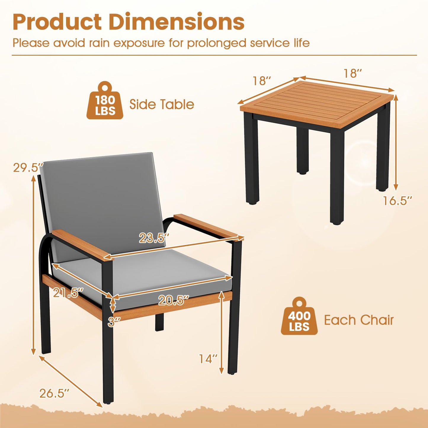 Tangkula 3 Pieces Patio Furniture Set with Acacia Wood Side Table