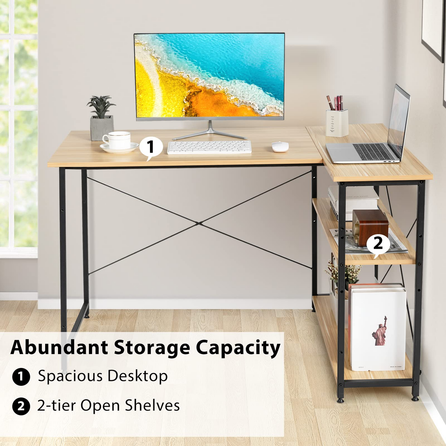 Tangkula L-Shaped Computer Desk with Reversible Shelves