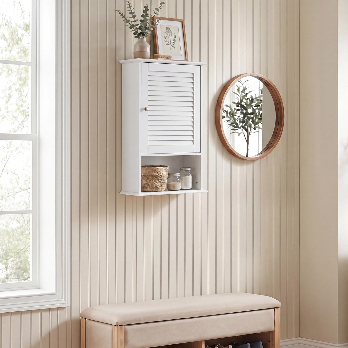 Tangkula Wall Mounted Bathroom Cabinet Single Door Wooden Bathroom Wall Cabinet with Adjustable Shelf