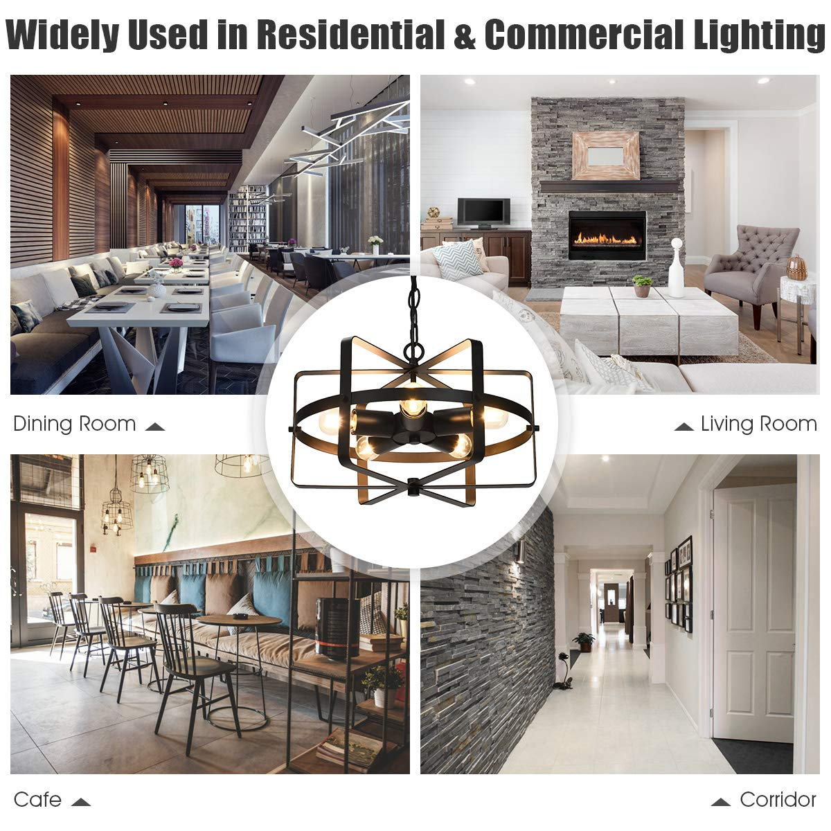 Tangkula 5 Lights Chandelier, Industrial Style Drum Shape Round Ceiling Lamp with Adjustable Hanging Chain & 5 E26 Lamp Holders