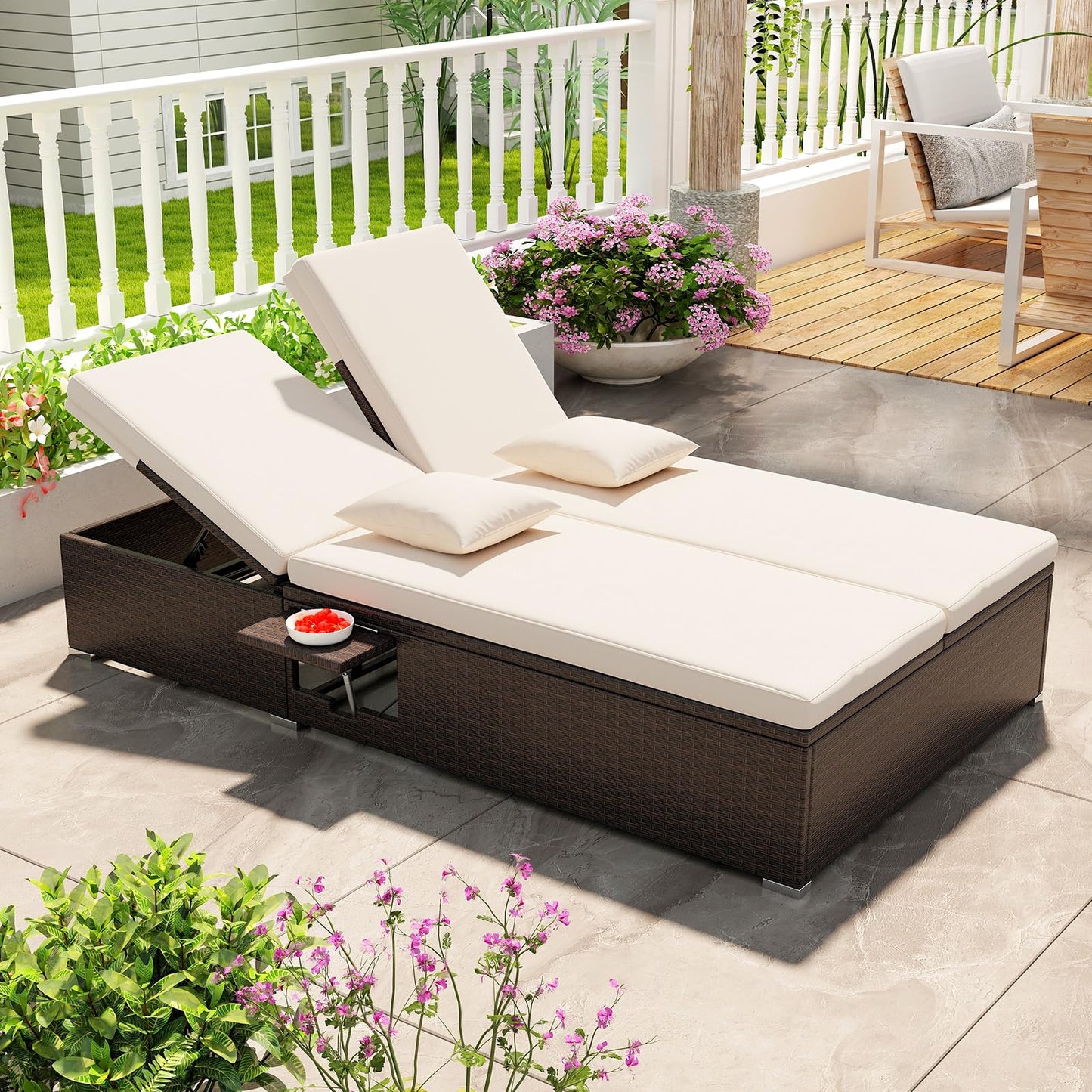 Tangkula Patio Double Chaise Lounge, Patiojoy 6 Position Adjustable Wicker Recliner Bed
