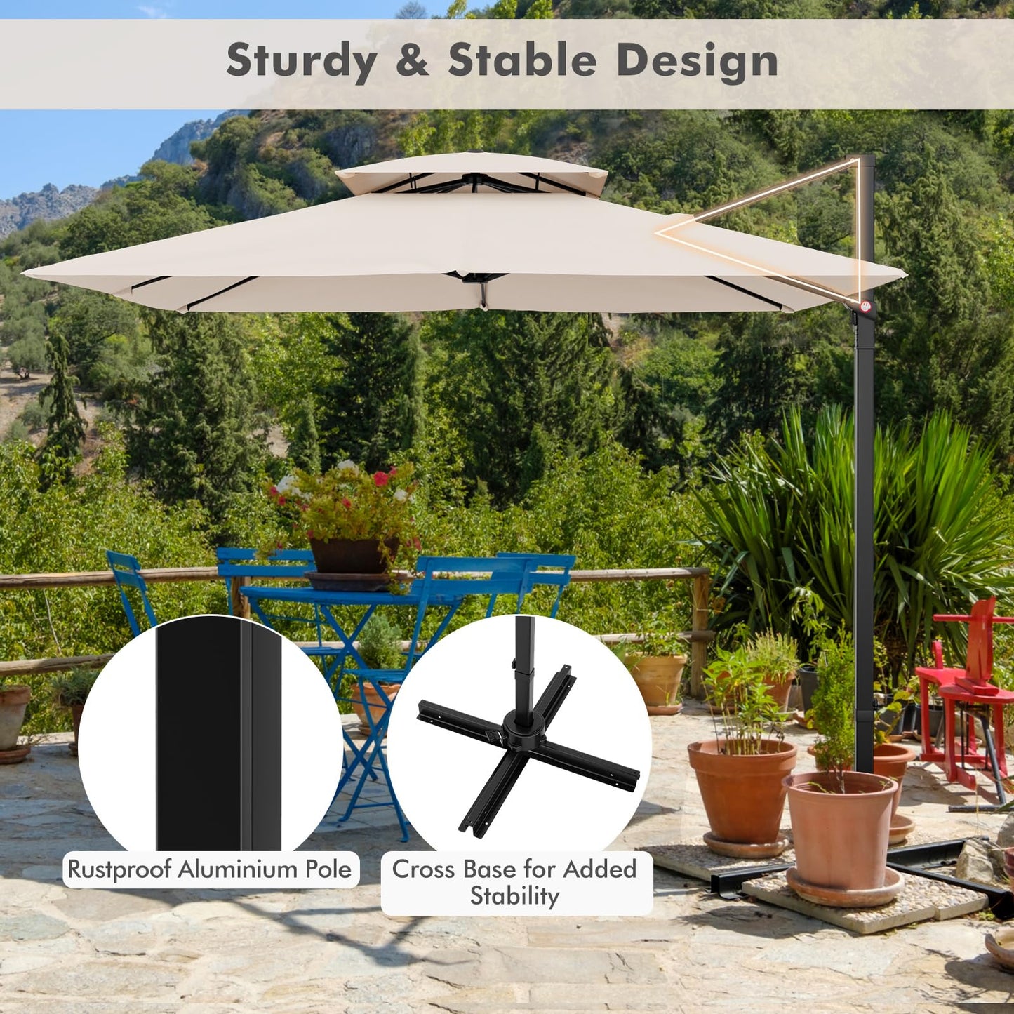 TANGKULA 9.5 FT Cantilever Patio Umbrella, Outdoor Square Offset Umbrella with 360-degree Rotation