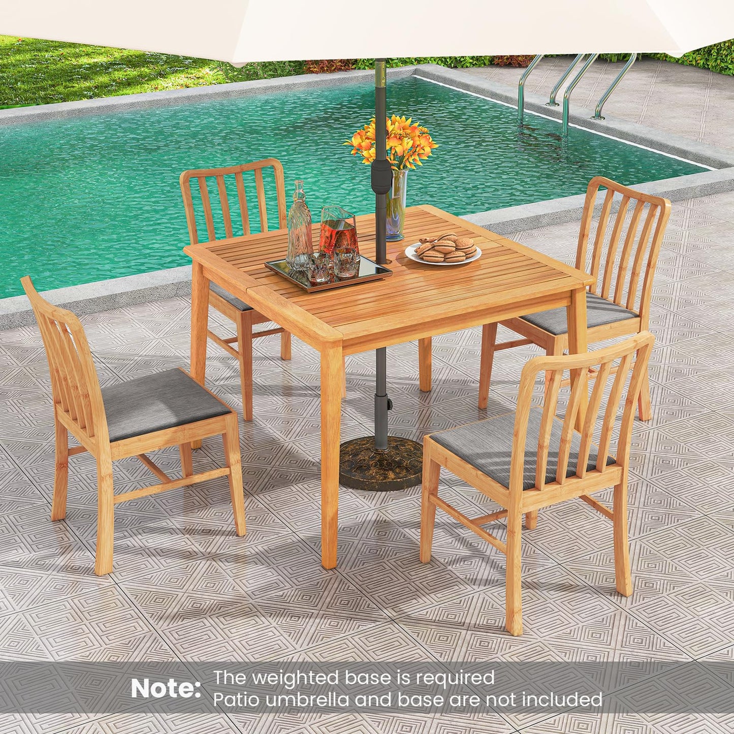 Tangkula – Table de salle à manger carrée d'extérieur en bois d'acacia pour 4 personnes, table de bistrot de 99 cm avec trou pour parasol de 5 cm