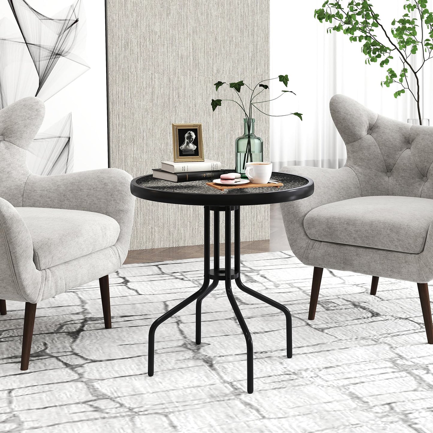 Tangkula Patio Round Glass Dining Table with 1.57" Umbrella Hole