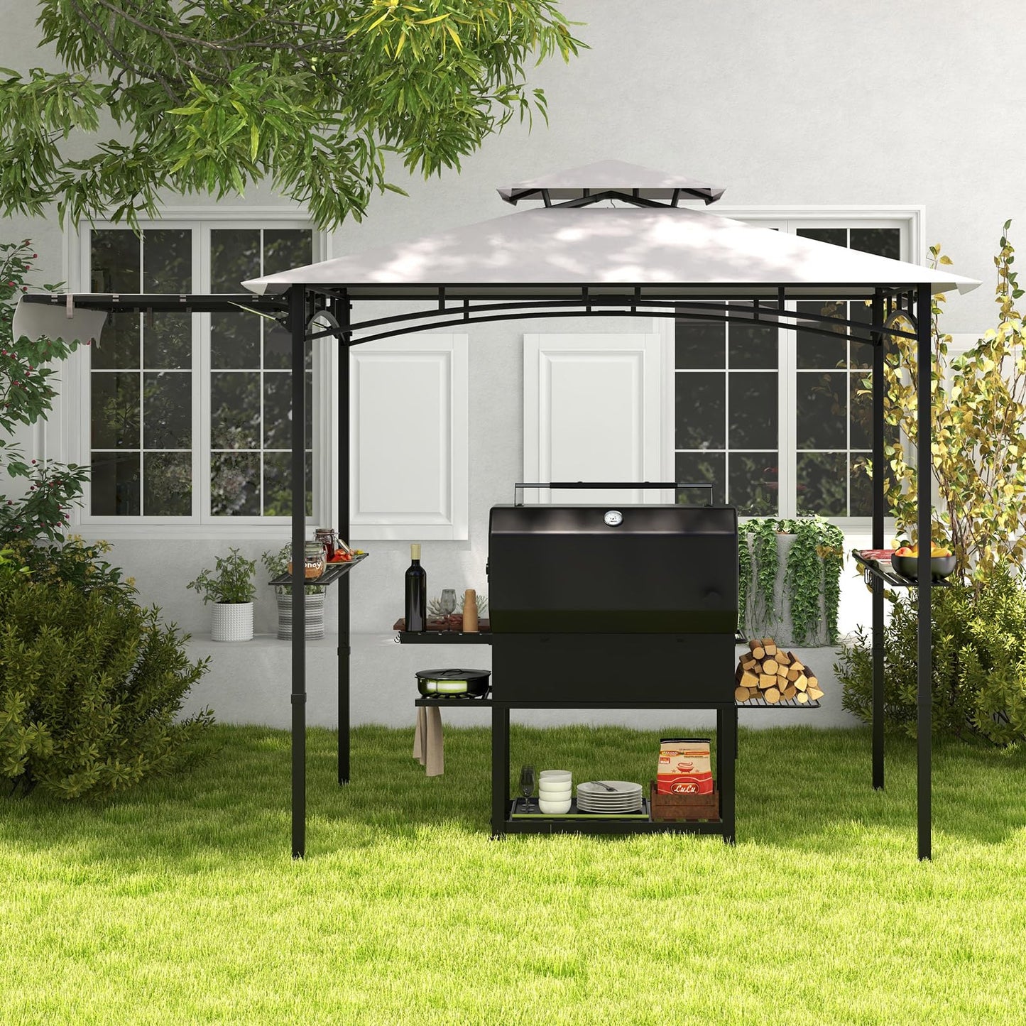 Tangkula 10.5x5 FT Grill Gazebo with Side Awning, 2-Tier Barbecue Gazebo with 2 Shelves, 12 Hanging Hooks