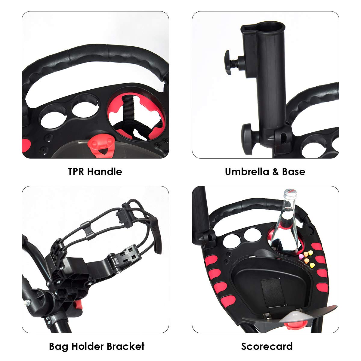 Tangkula Golf Push Pull Cart, 4 Wheels Foldable Collapsible Golf Trolley with Umbrella Holder, Foot Brake, Scorecard & Drink Holder