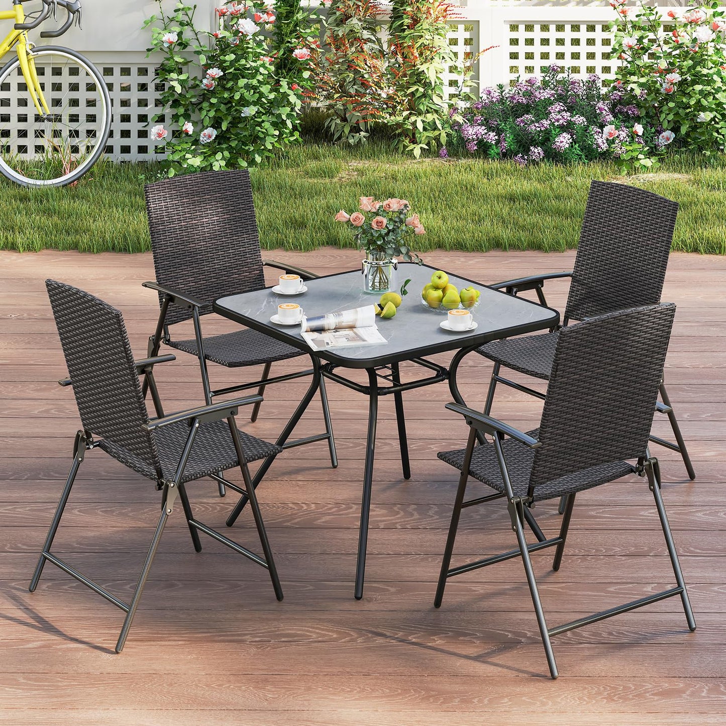 Tangkula Outdoor Folding Chairs Set Patio PE Wicker Dining Chairs
