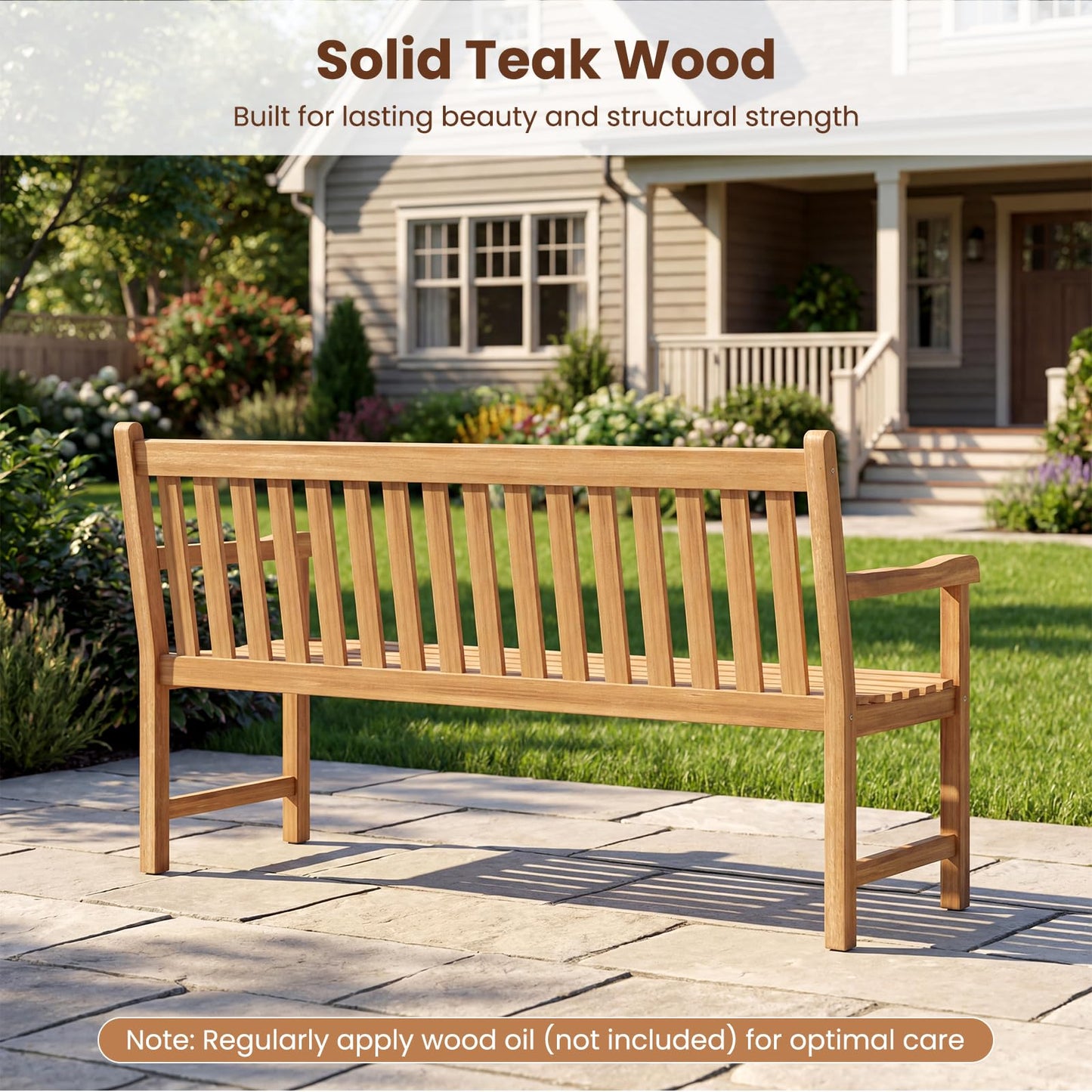 Tangkula Teak Wood Outdoor Bench with Armrests and Backrest