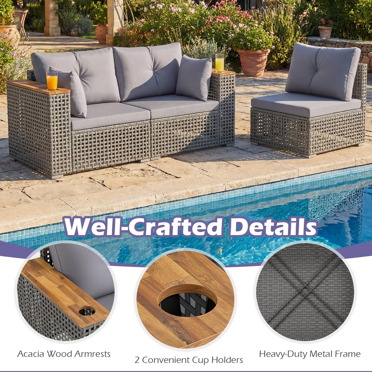 Tangkula 86.5" Large 3-Seat Patio Wicker Sofa for Garden