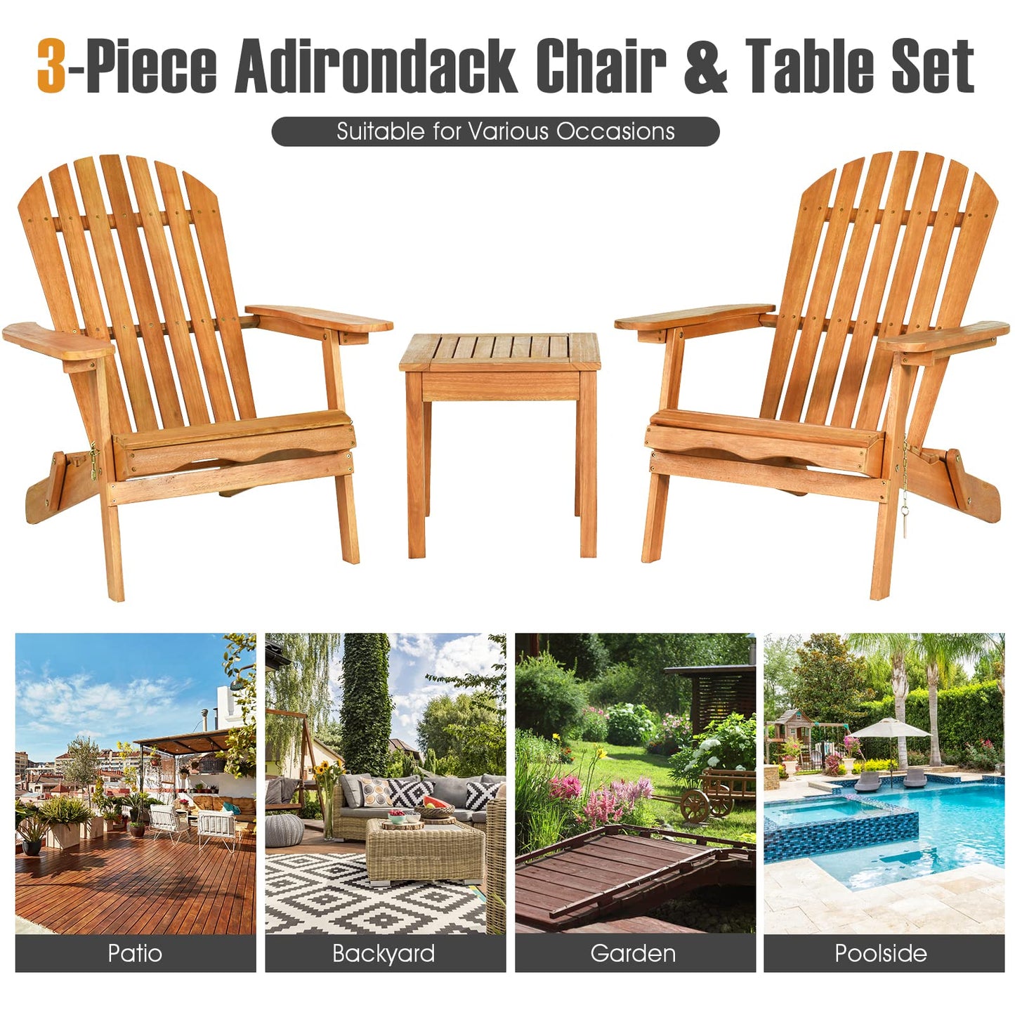 3 Pieces Adirondack Chair Set, Outdoor Wood Furniture Set with 2 Folding Lounge Chairs & Side Table