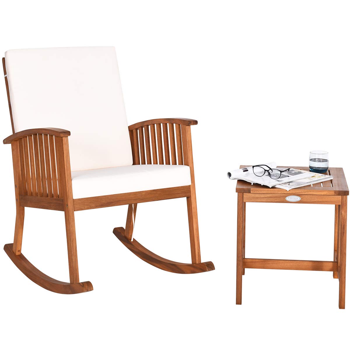 Tangkula Acacia Wood Patio Bistro Set, Outdoor Rocking Chair with Table