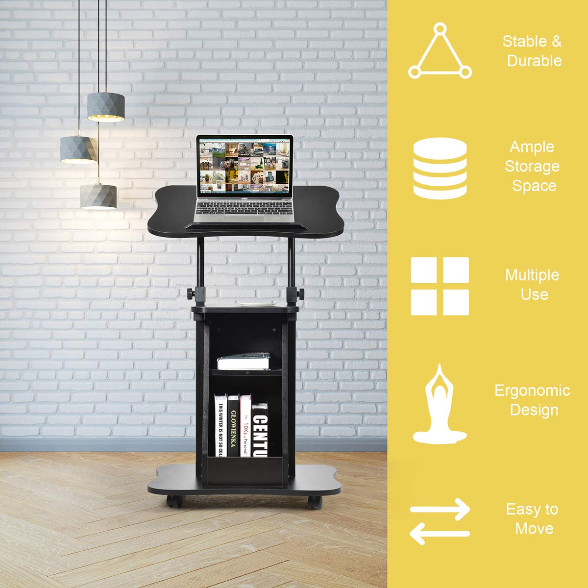 Tangkula Mobile Laptop Podium with Swivel Top Movable Wheels & Storage