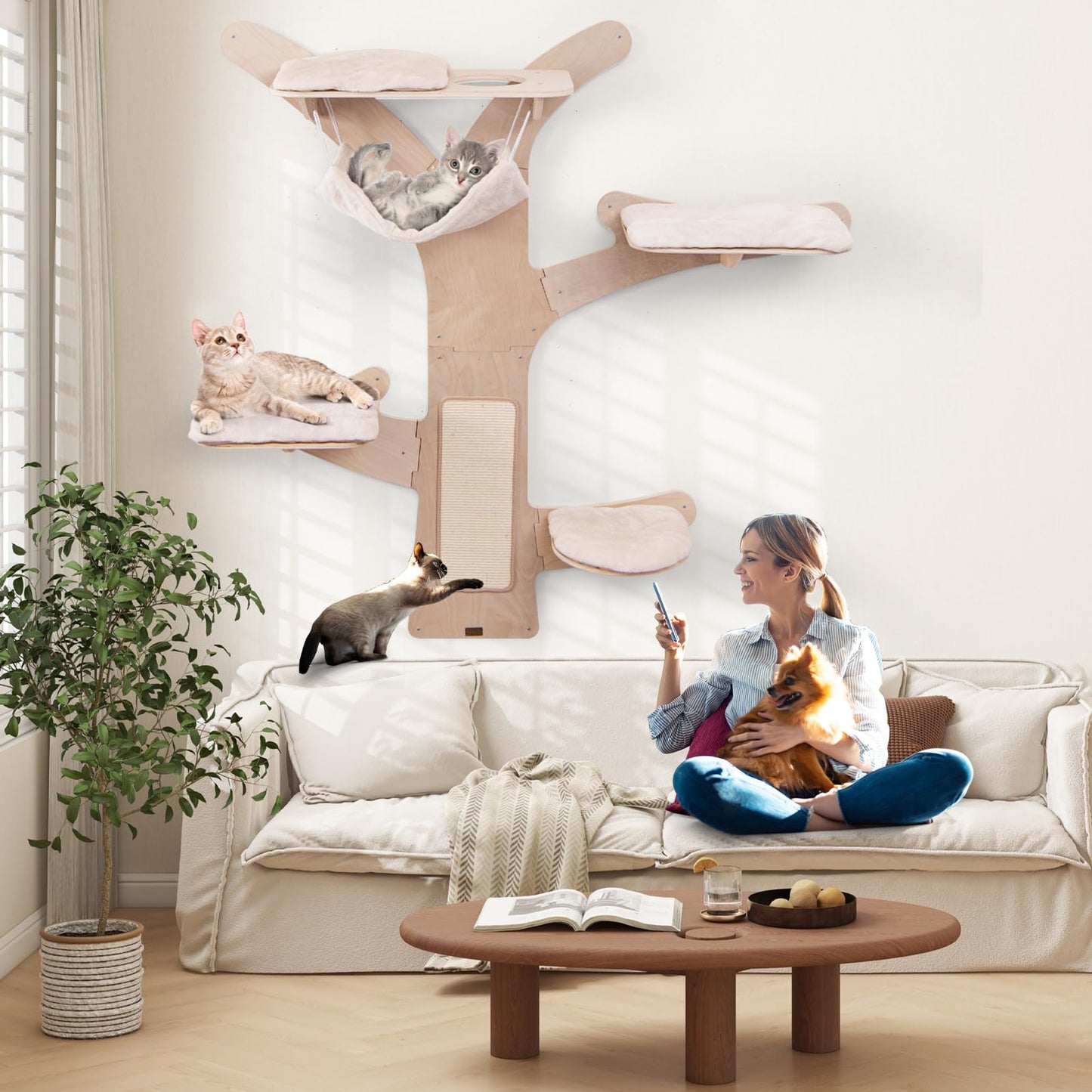 Meuble Arbre à Chat Mural Tangkula avec 4 Plateformes Rembourrées