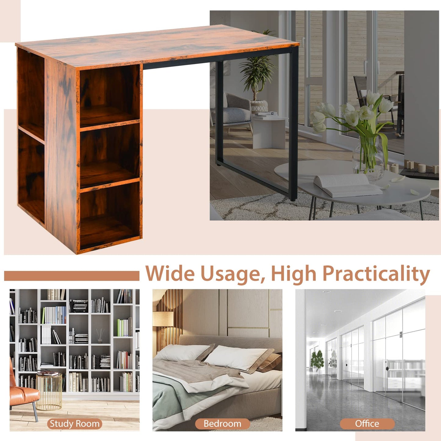 Tangkula Computer Desk with Storage Shelves, Home Office Desk with 5 Side Shelves & Metal Frame