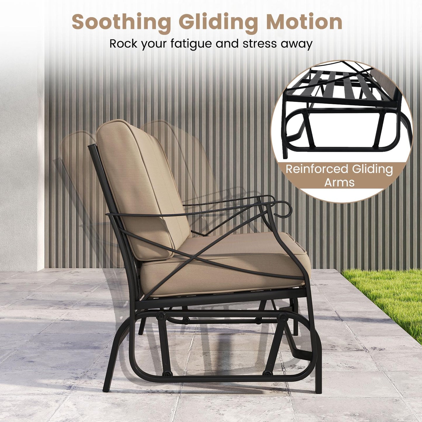 Tangkula Patio Glider Bench | 2-Person Swing Gliding Loveseat with Breathable Fabric Seat & Soft Cushions