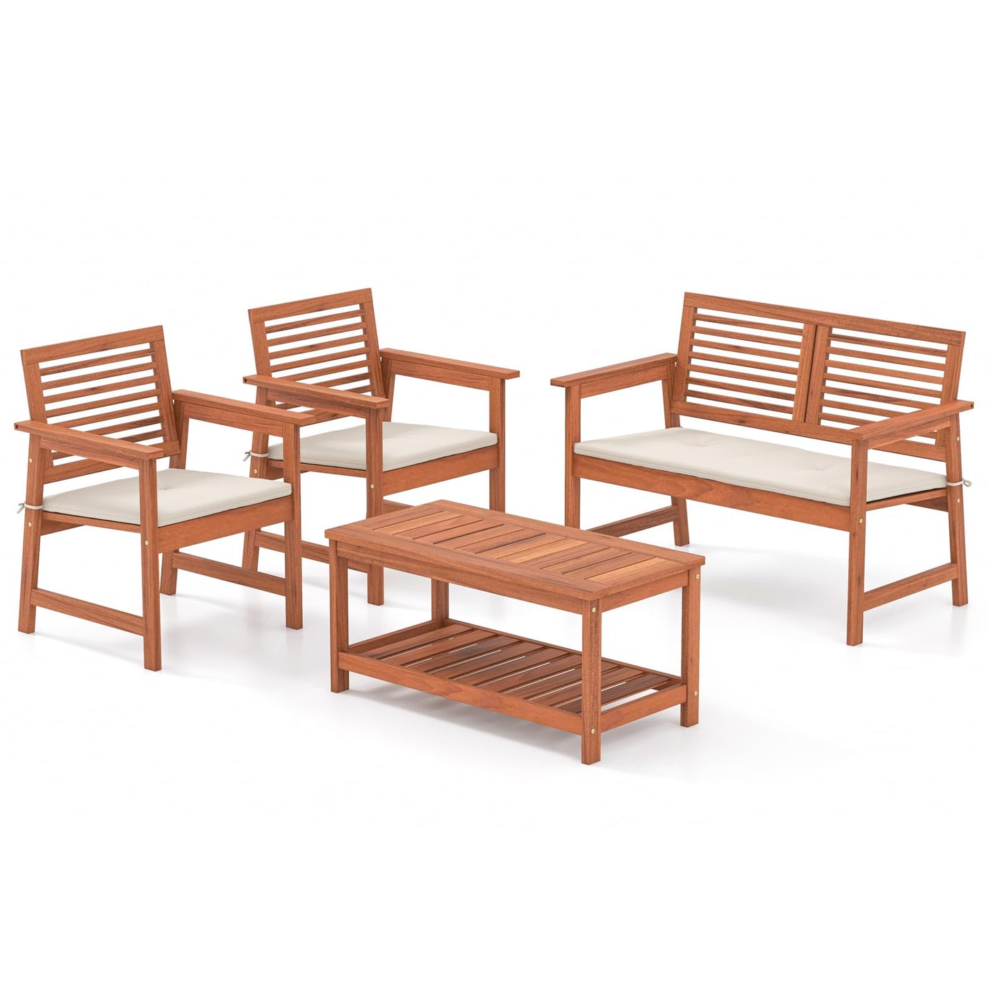 Tangkula 4 Piece Patio Conversation Set Wood Sofa Set with Soft Seat Cushions 2-Tier Rectangle Coffee Table