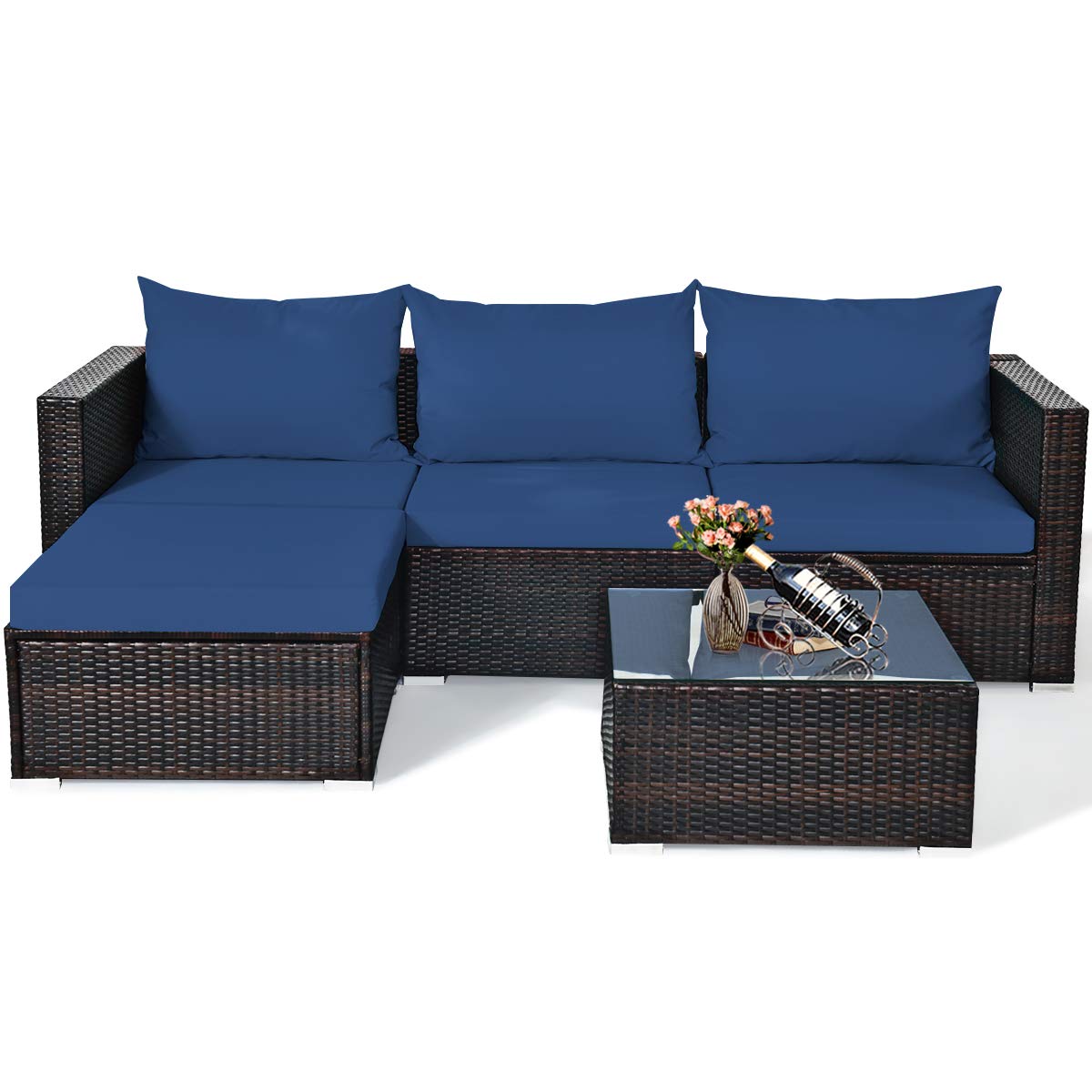 Tangkula 5 Piece Outdoor Patio Furniture Set with Glass Top Coffee Table