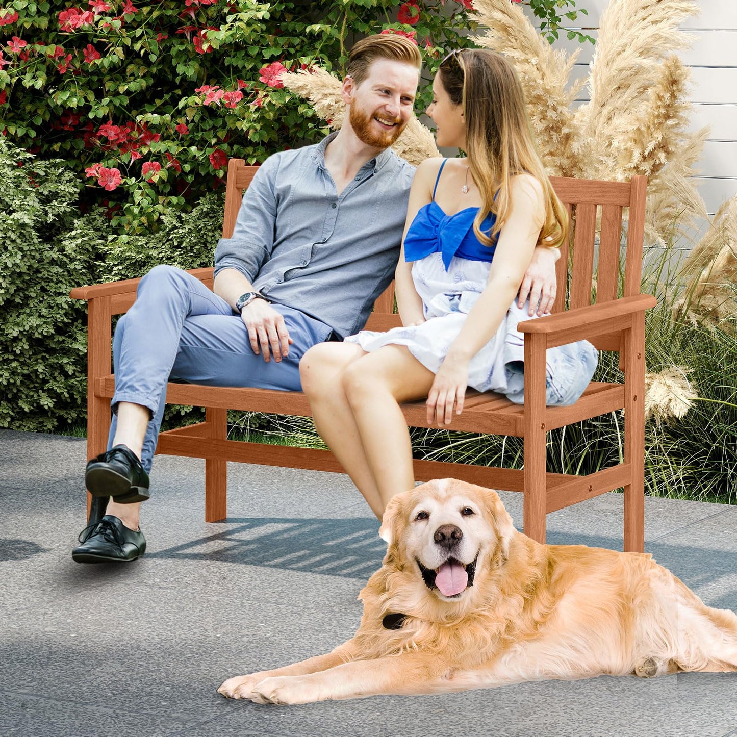 Tangkula Wooden Garden Bench 2-Person Patio Loveseat with Slatted Backrest and Comfortable Armrests