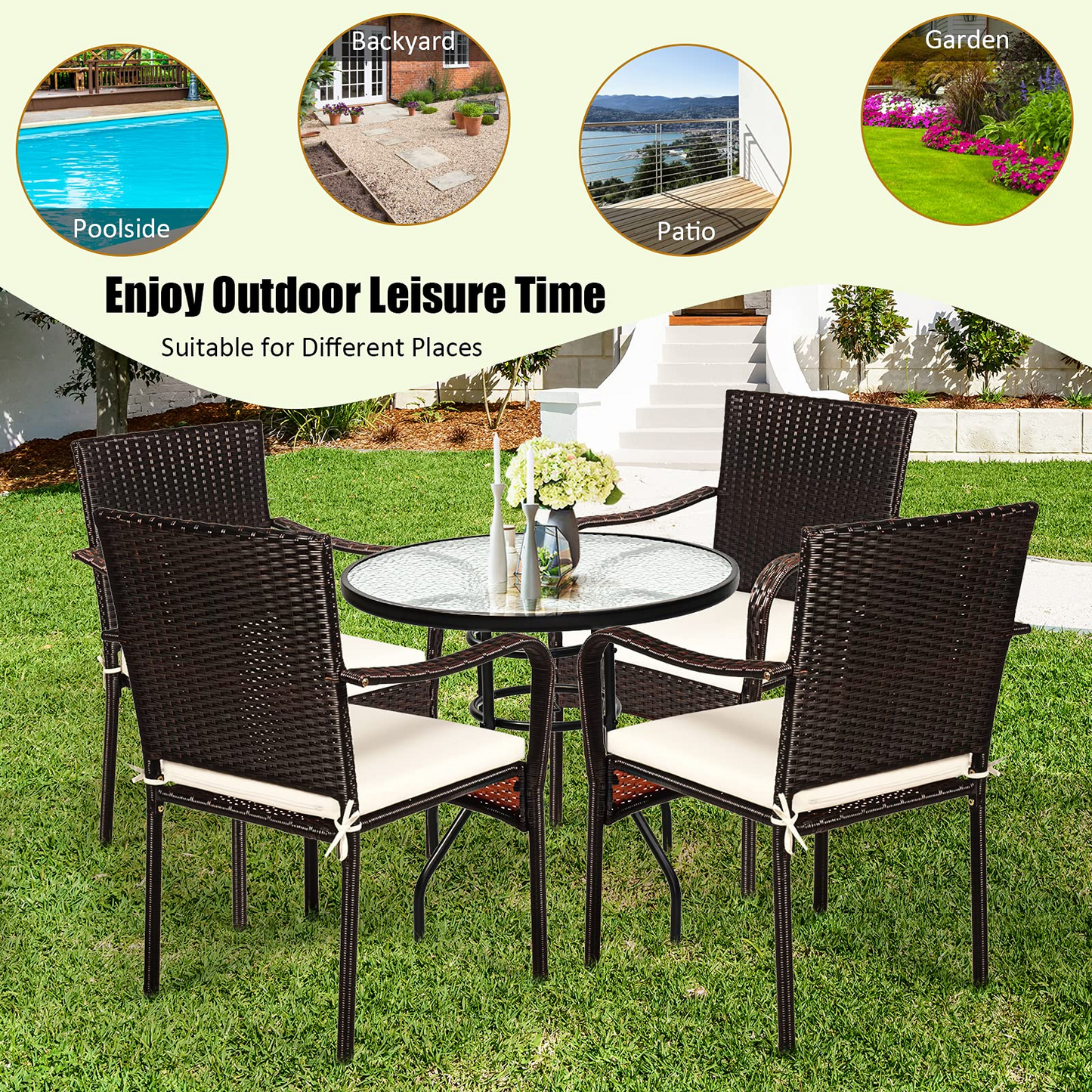 4 Pieces Patio Rattan Dining Chairs, Outdoor Stackable Wicker Chairs with Comfortable Cushions and Armrests