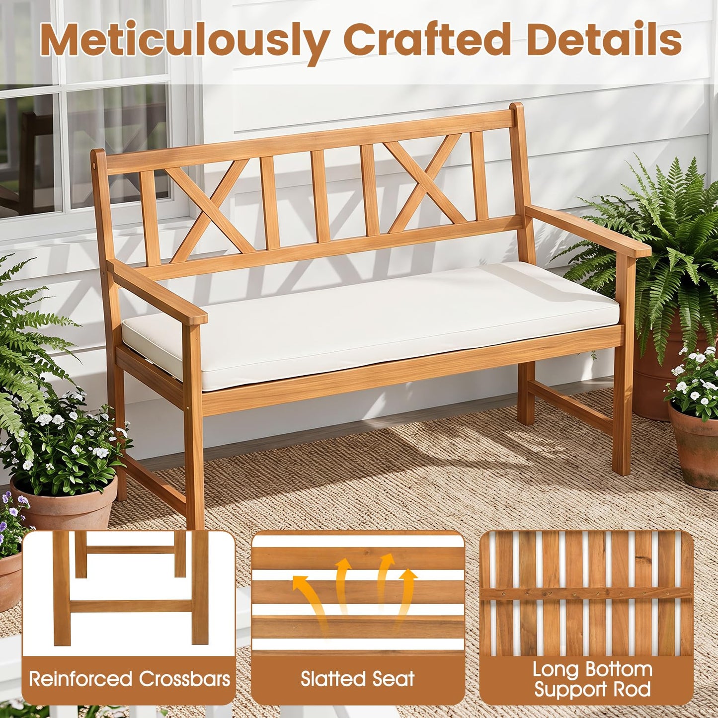 Tangkula 2-Person Acacia Wood Outdoor Bench with Cushion