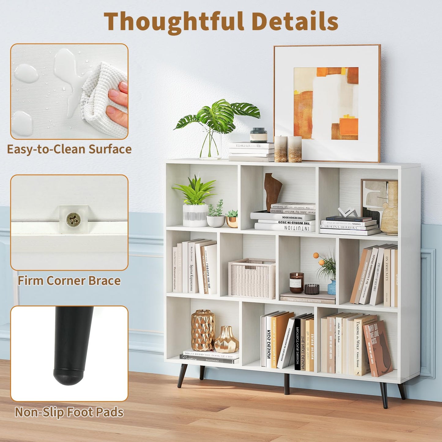 Tangkula 10-Cube Bookcase | Modern 47" L Storage Bookshelf with 5 Tapered Metal Legs & 2 Anti-Tip Kit
