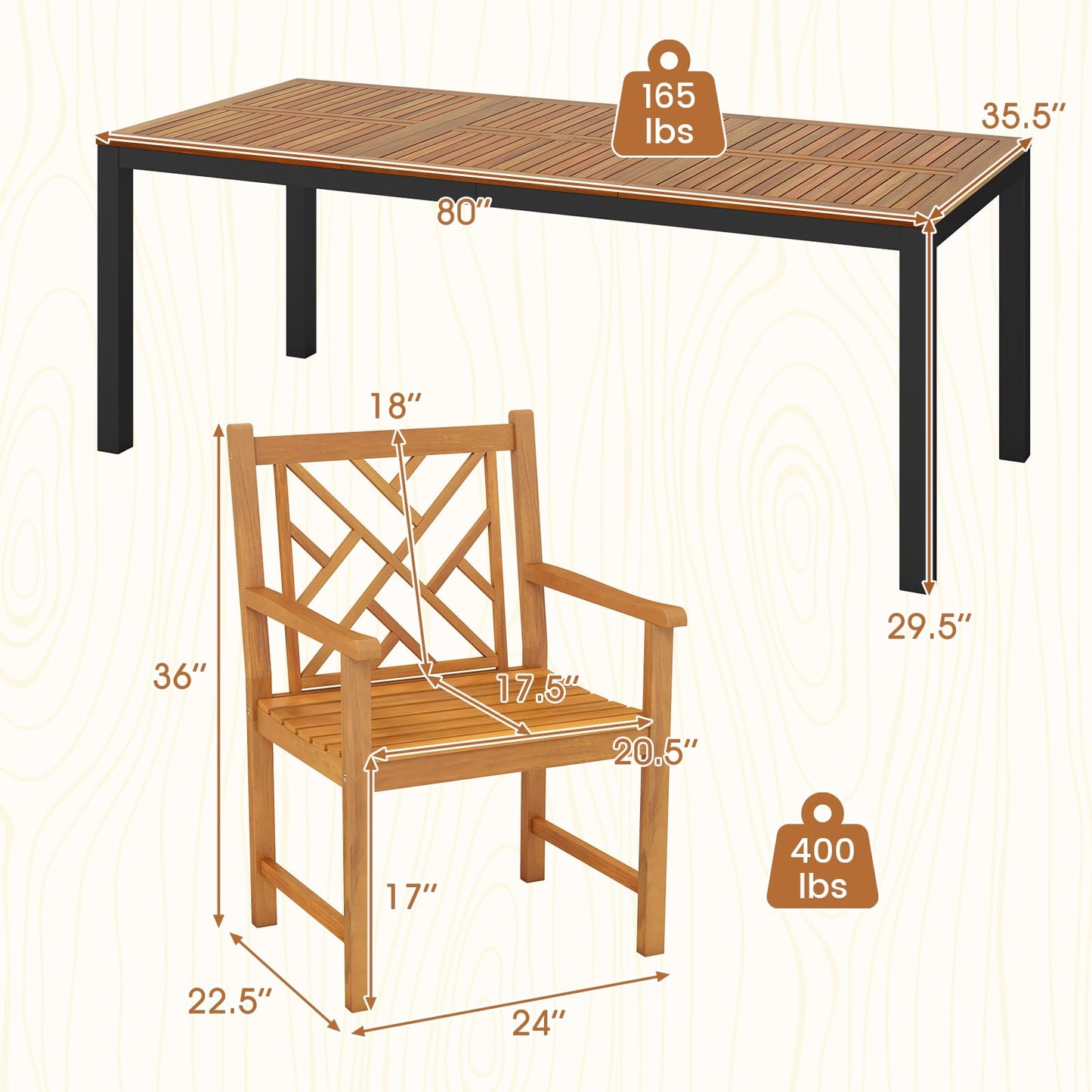 Tangkula 9 Piece Outdoor Dining Set with Umbrella Hole & Heavy-Duty Metal Frame and 8 Acacia Wood Armchairs