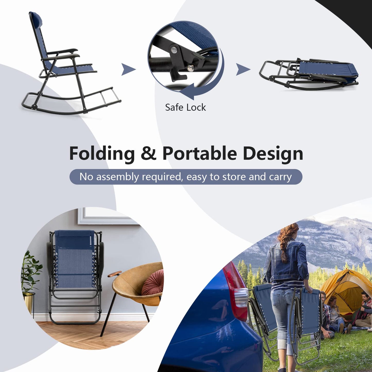 Outdoor Folding Rocking Chair, No Assembly Required, Foldable Rocker Recliner with Headrest