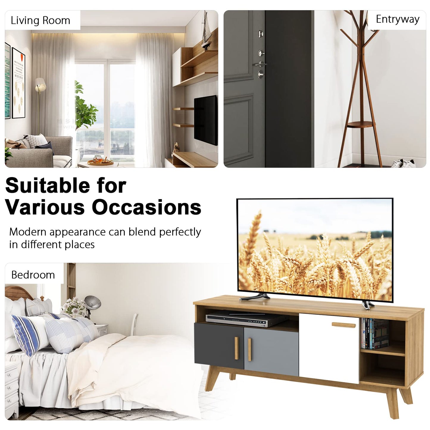 Tangkula Modern TV Stand, Wood TV Console Table for TVs up to 65 Inch, Entertainment Center with 3 Storage Cabinets (Natural)