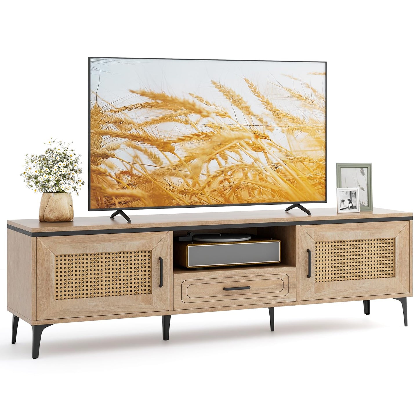 Tangkula Boho TV Stand Mid Century Modern Media Entertainment Center with Drawer