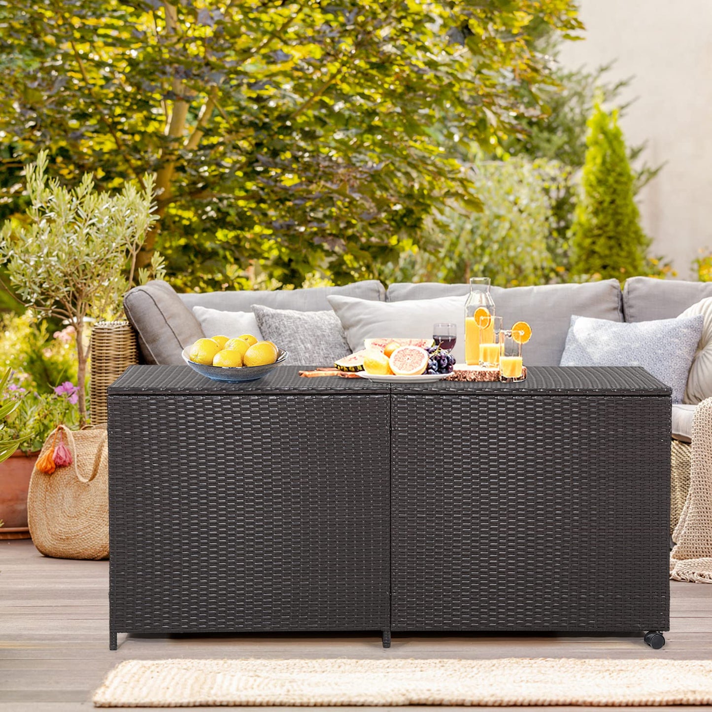 Tangkula 175 Gallon Outdoor Storage Box, Wicker Patio Deck Box with 2 Universal Wheels and Waterproof Zippered Liner
