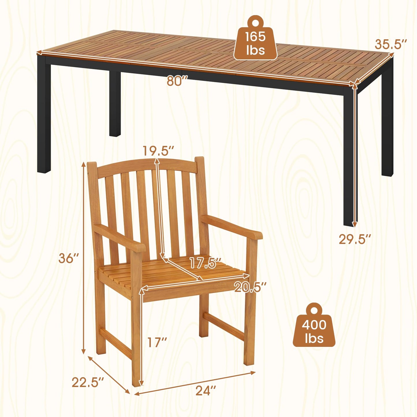 Tangkula Patio Rectangular Table with Umbrella Hole and 8 Solid Acacia Armchairs