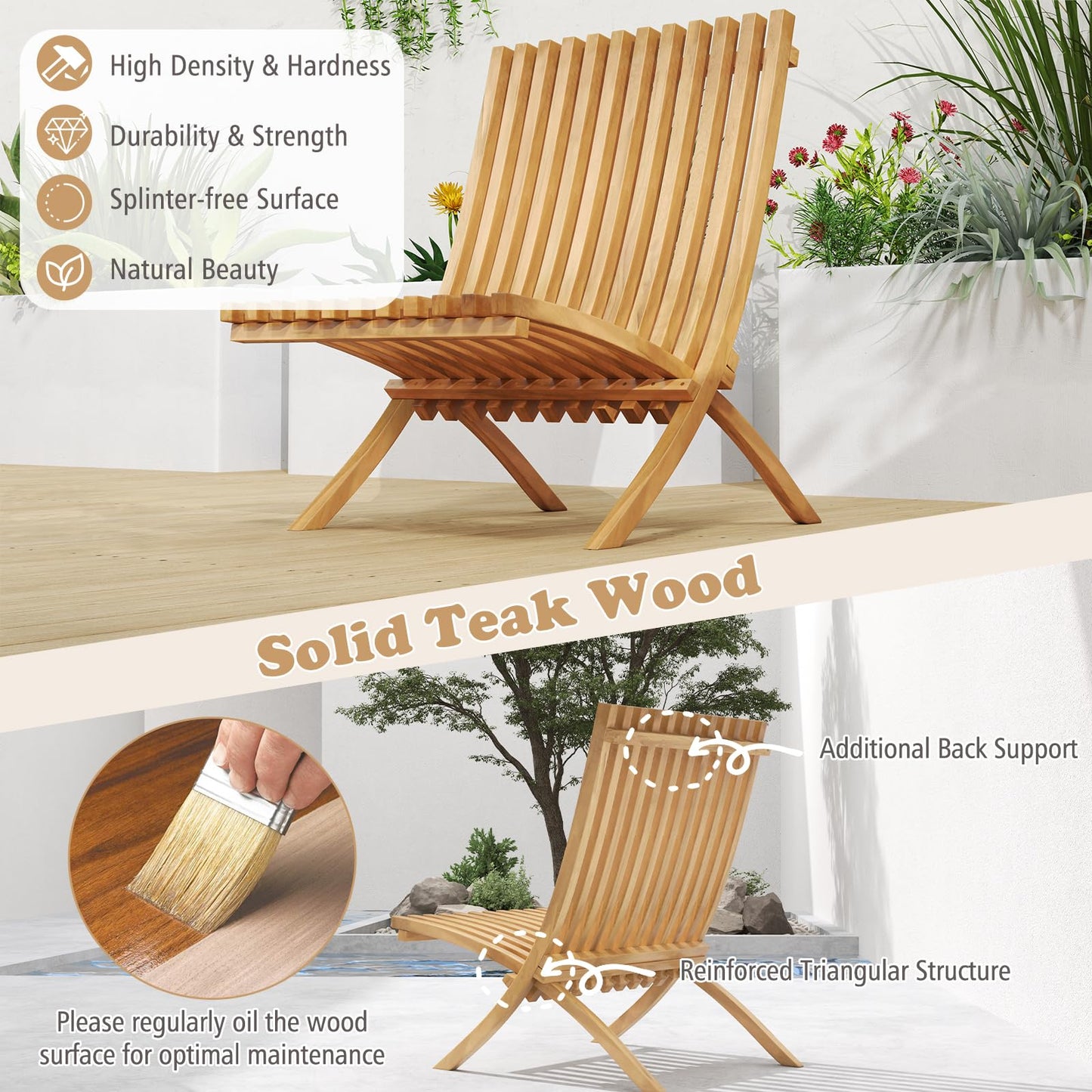 Tangkula Folding Patio Chair Teak Wood Outdoor Lounge Chair