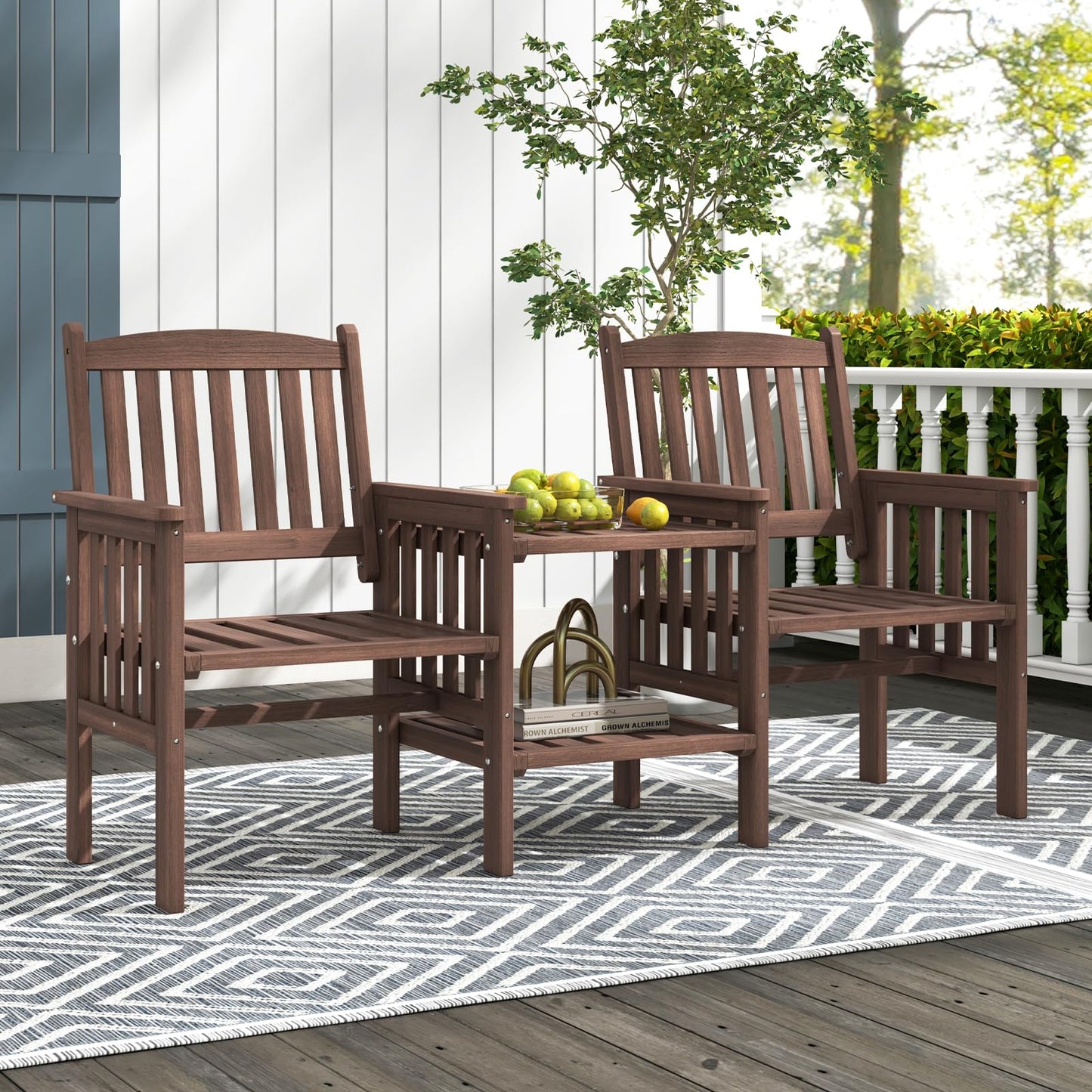 Tangkula Outdoor Fir Wood Loveseat with 2-Tier Side Table and Umbrella Hole